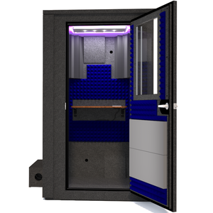 Frontal view of WhisperRoom's Voice Over Deluxe Package - a 4' x 4' double-wall vocal booth, meticulously designed with acoustic treatment, a functional desk, studio lighting, and a comprehensive range of premium features. The right-hinged door is open, revealing the interior accentuated with vibrant blue StudioFoam, creating an ideal recording environment.