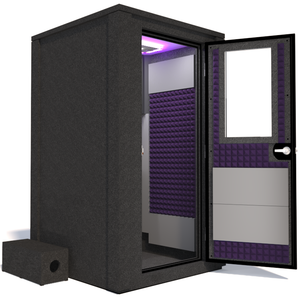 Side view of the WhisperRoom's Voice Over Deluxe Package - a 4' x 4' double-wall vocal booth, thoughtfully equipped with acoustic treatment, a functional desk, studio lighting, and an array of premium features. The right-hinged door is open, revealing the interior enhanced by elegant purple StudioFoam, creating an ideal recording atmosphere.