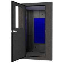 Load image into Gallery viewer, A WhisperRoom MDL 4848 S shown from the front with the door open and LENRD Bass Traps inside.
