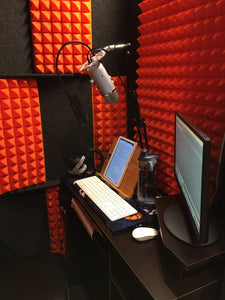 Orange Auralex Pyramid StudioFoam Sheets (2' x 4' x 2") Installed in WhisperRoom with Microphone, Tablet, and Computer - Enhancing Acoustics for Professional Recording and Sound Isolation.