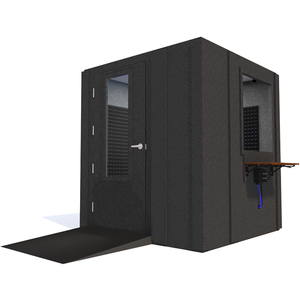 Audiology Deluxe Package shown angled from the front with left hinge door closed and gray foam.