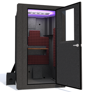 Voice Over Basic Package shown from the front with the door open on right hinges and burgundy foam